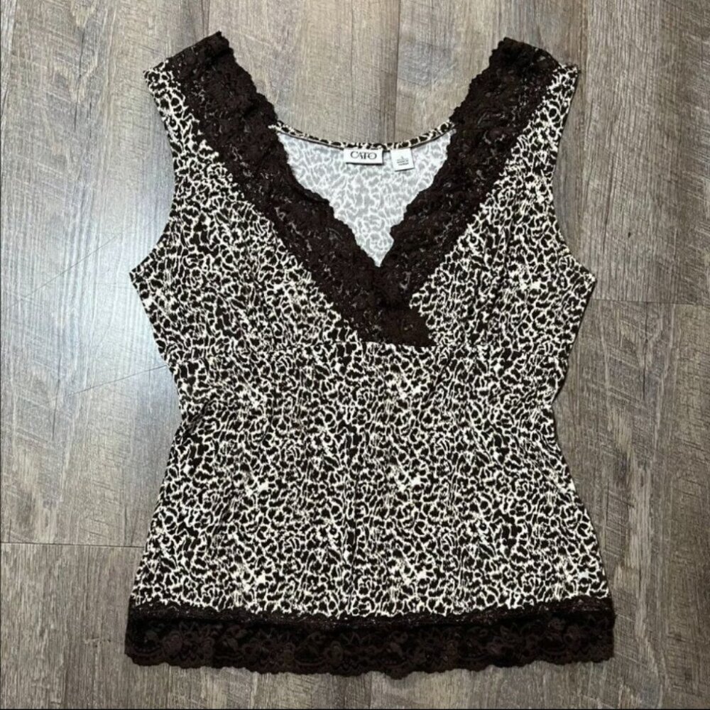 Print Brown Lace Babydoll Cami Top Womens Size M